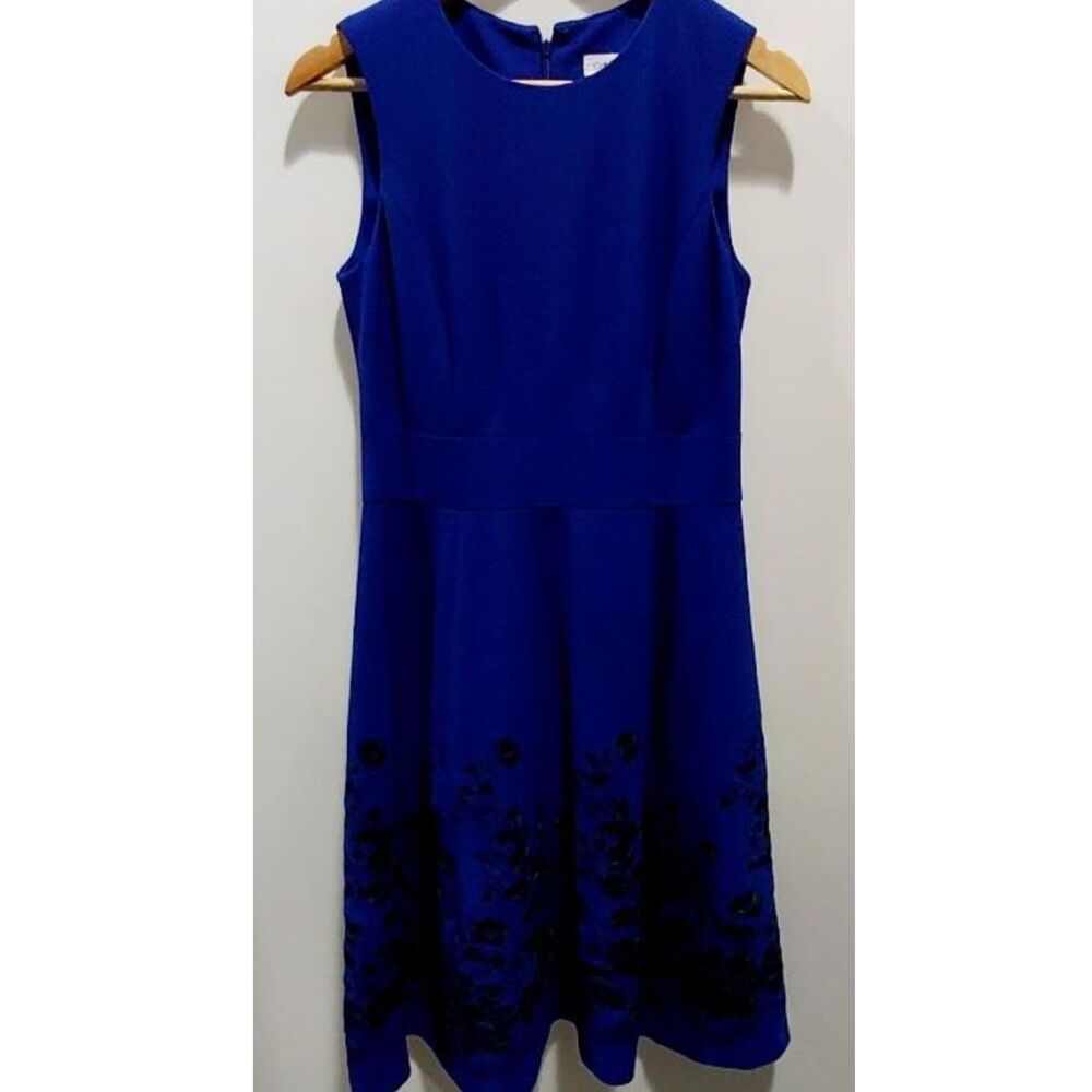 Calvin Klein Blue Dress with Black Floral Embroidery Size 4